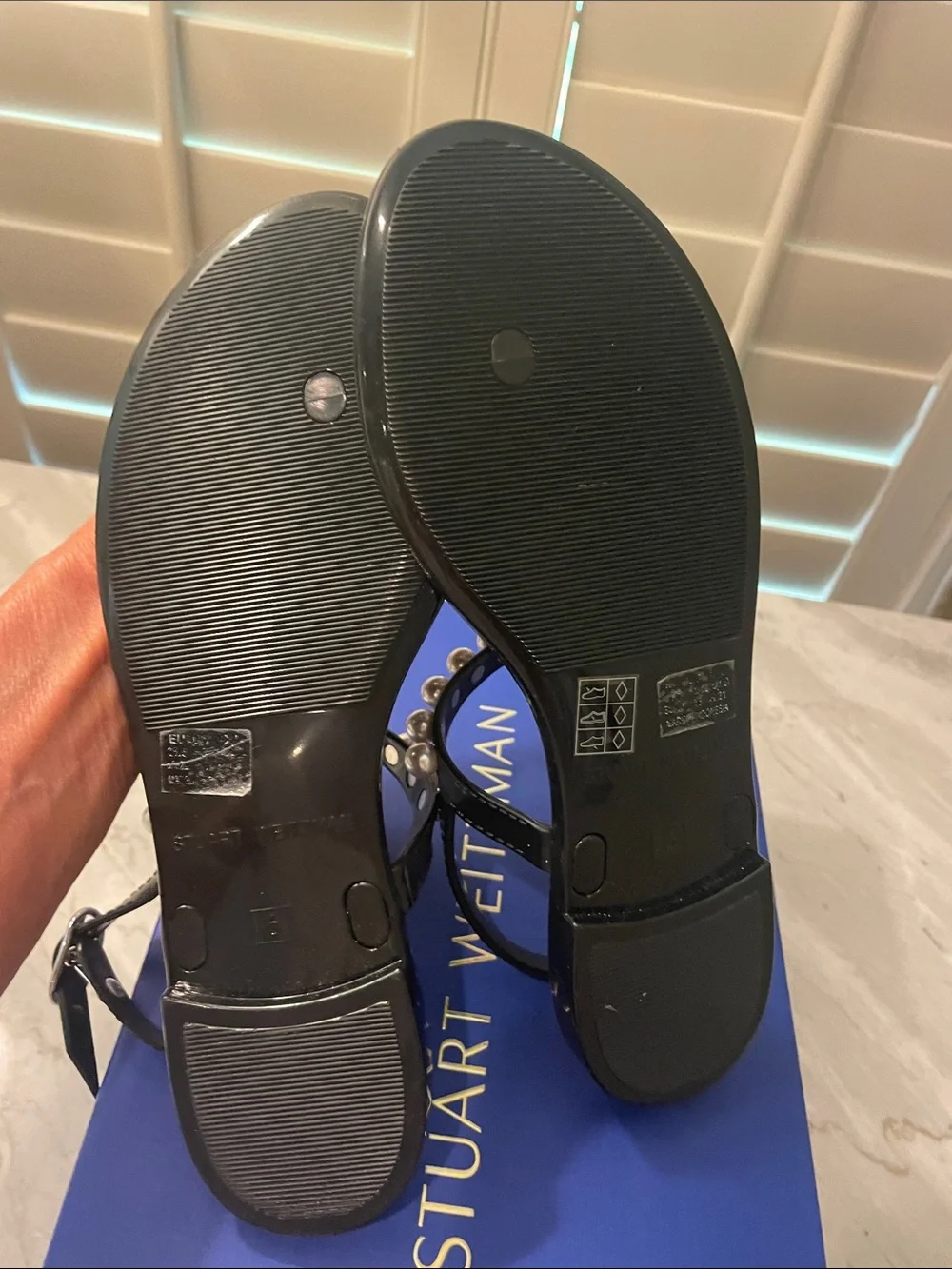 Stuart Weitzman Black Pearl-Accent T-Strap Sandals